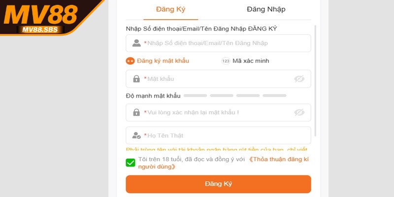 Bạn cần điền đầy đủ thông tin cá nhân để nhanh hoàn tất đăng ký MV88