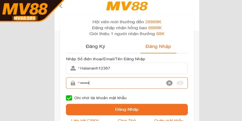 Hãy điền thông tin truy cập MV88 chuẩn vào form hướng dẫn